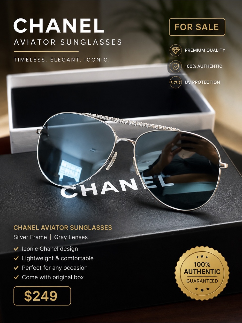 CHANEL Silver Frame Aviator Sunglasses with Gray Lenses